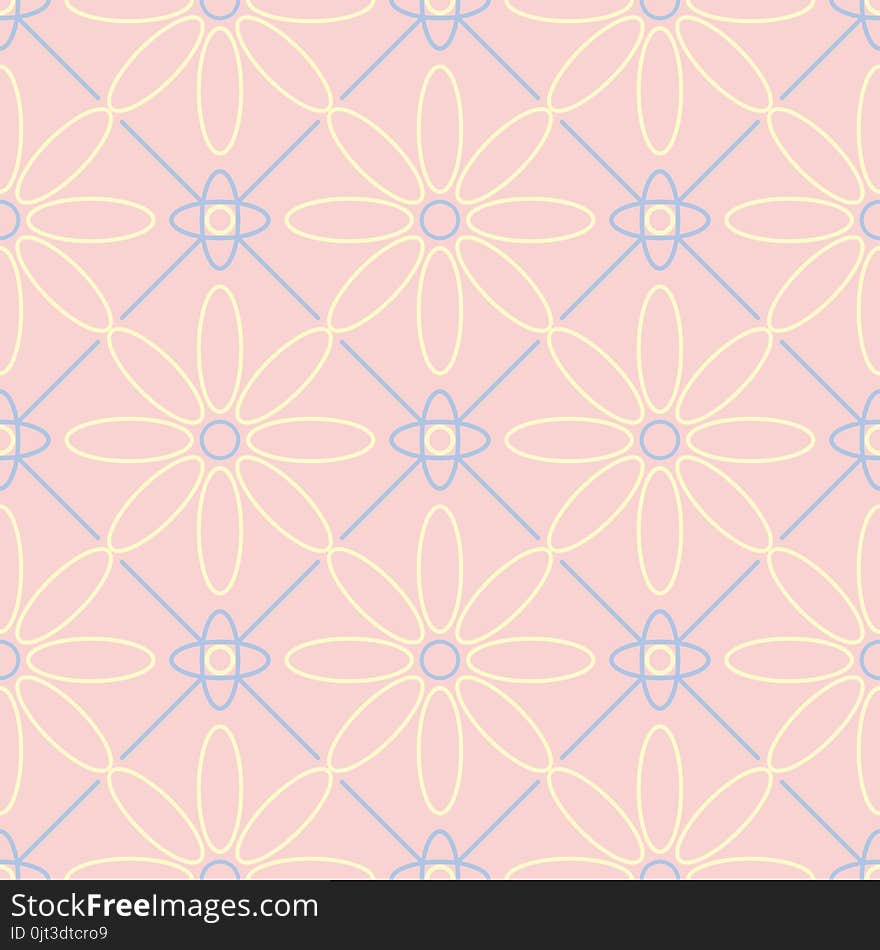 Floral seamless pattern. Pale pink background with light blue and yellow flower elements for wallpapers, textile and fabrics