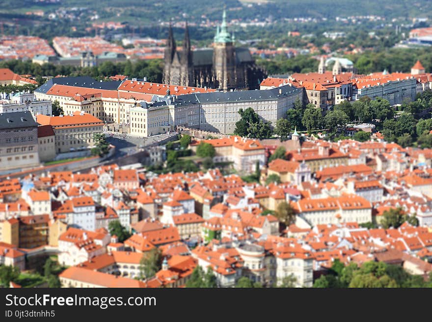 Beautiful panorama of the city and old houses over Prague, tilt shift effect. Beautiful panorama of the city and old houses over Prague, tilt shift effect