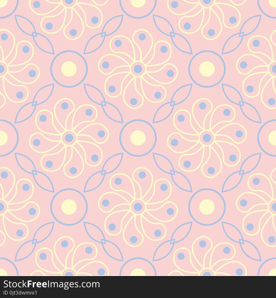 Floral pale pink seamless background. Floral pattern with light blue and yellow elements for wallpapers, textile and fabrics