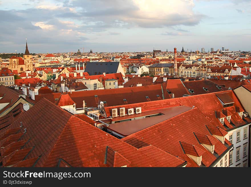 Beautiful panorama of the city and old houses over Prague, red roofs. Beautiful panorama of the city and old houses over Prague, red roofs