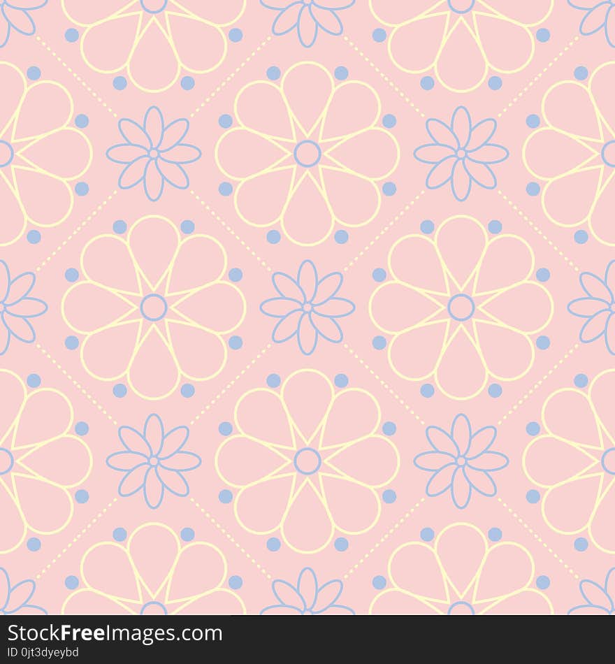 Pink floral seamless pattern with light blue and yellow flower elements