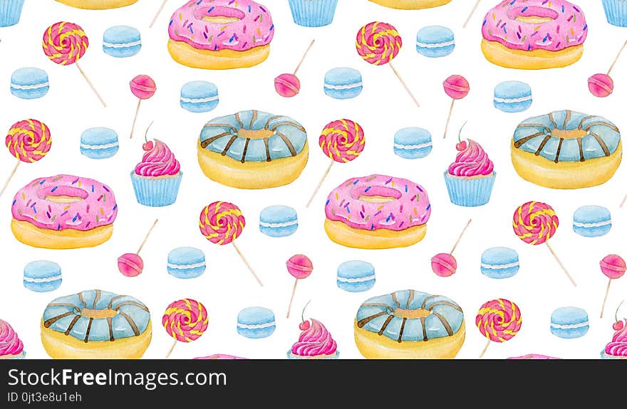 Set Of Sweets With Donuts, Candy, Capcake, Lollipop, Macaroons And Cup Of Coffee On White Background. Colorful Watercolor Pattern.