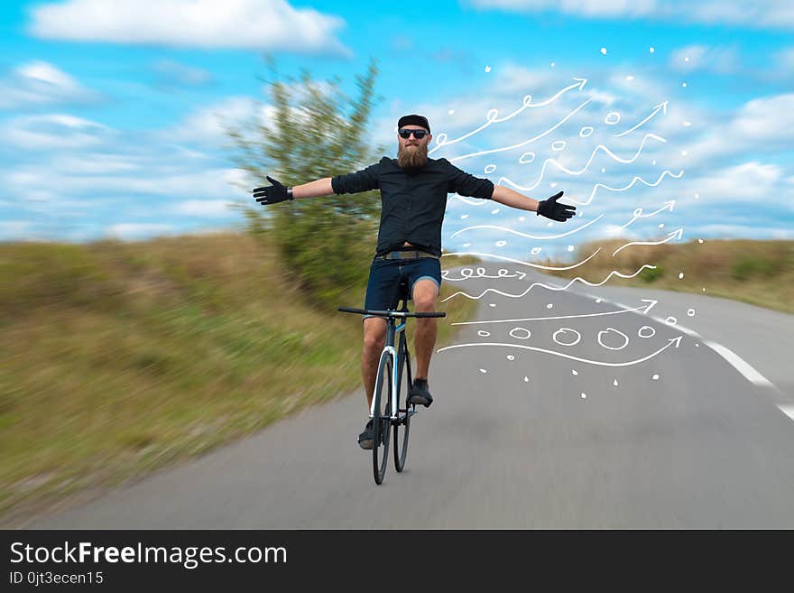 Fashion person riding bicycle in the nature with doodle concept. Fashion person riding bicycle in the nature with doodle concept