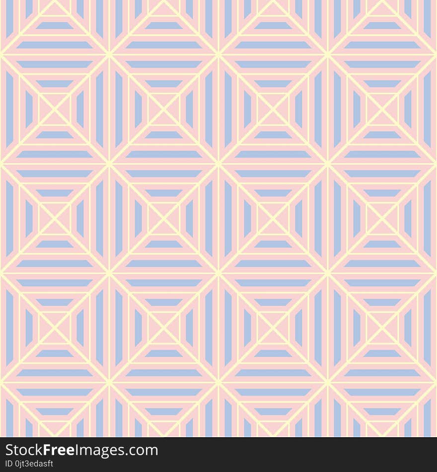 Geometric seamless pattern. Pale pink background with blue and beige elements for wallpapers, textile and fabrics