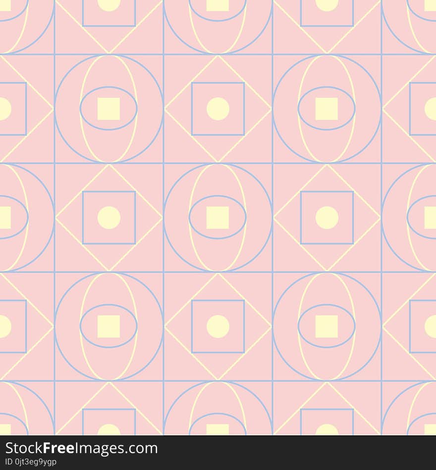 Geometric seamless pattern. Pale pink background with blue and beige elements for wallpapers, textile and fabrics