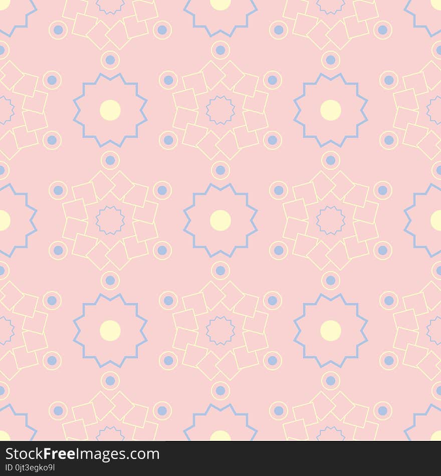 Geometric pink colored seamless pattern with blue and beige elements