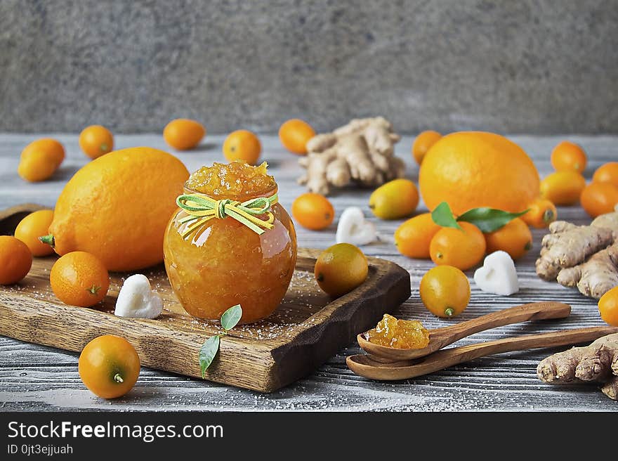 Ginger jam with lemon and kumquat. Herbal medicine, healthy food and natural products to support the immune system. Ginger jam with lemon and kumquat. Herbal medicine, healthy food and natural products to support the immune system