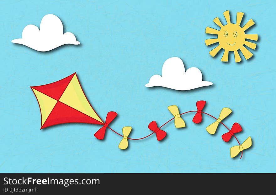 Colored kite flies on background of blue sky. Concept of freedom, ease of life, holiday, vacation time. Idyllic cartoon illustration of warm summer day with shadow. Marbled, scratched background.