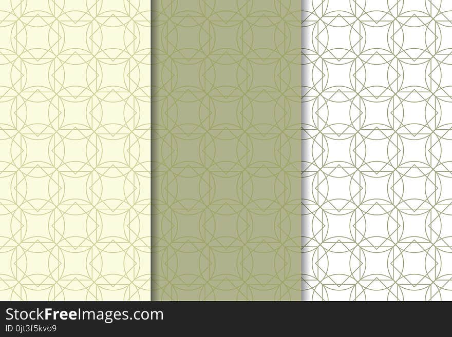 Olive Green And White Geometric Ornaments. Set Of Seamless Patterns