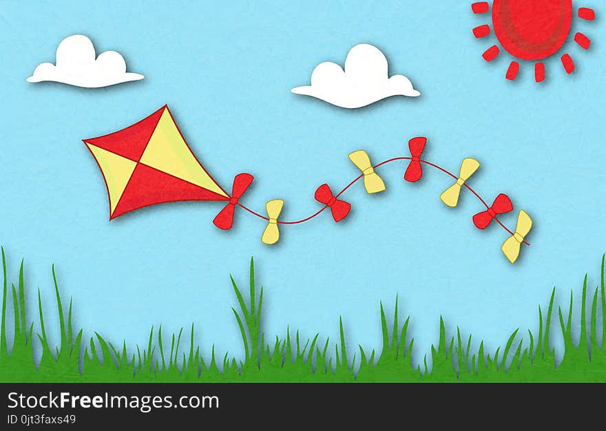 Colored kite flies on background of spring sunny meadow. Green grass against sky. Idyllic cartoonish illustration of warm summer day. Scratched background. Layered paper effects, shading and texture.