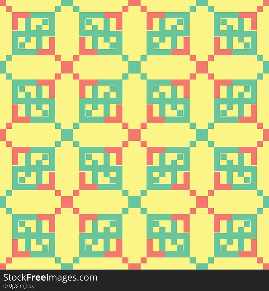 Seamless background with geometric shaped elements. Bright yellow background with pink and green design