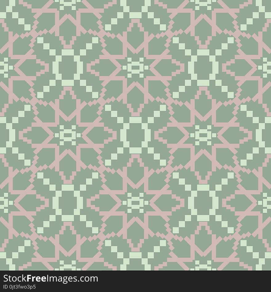 Geometric seamless pattern. Olive green background with pale pink elements for wallpapers, textile and fabrics