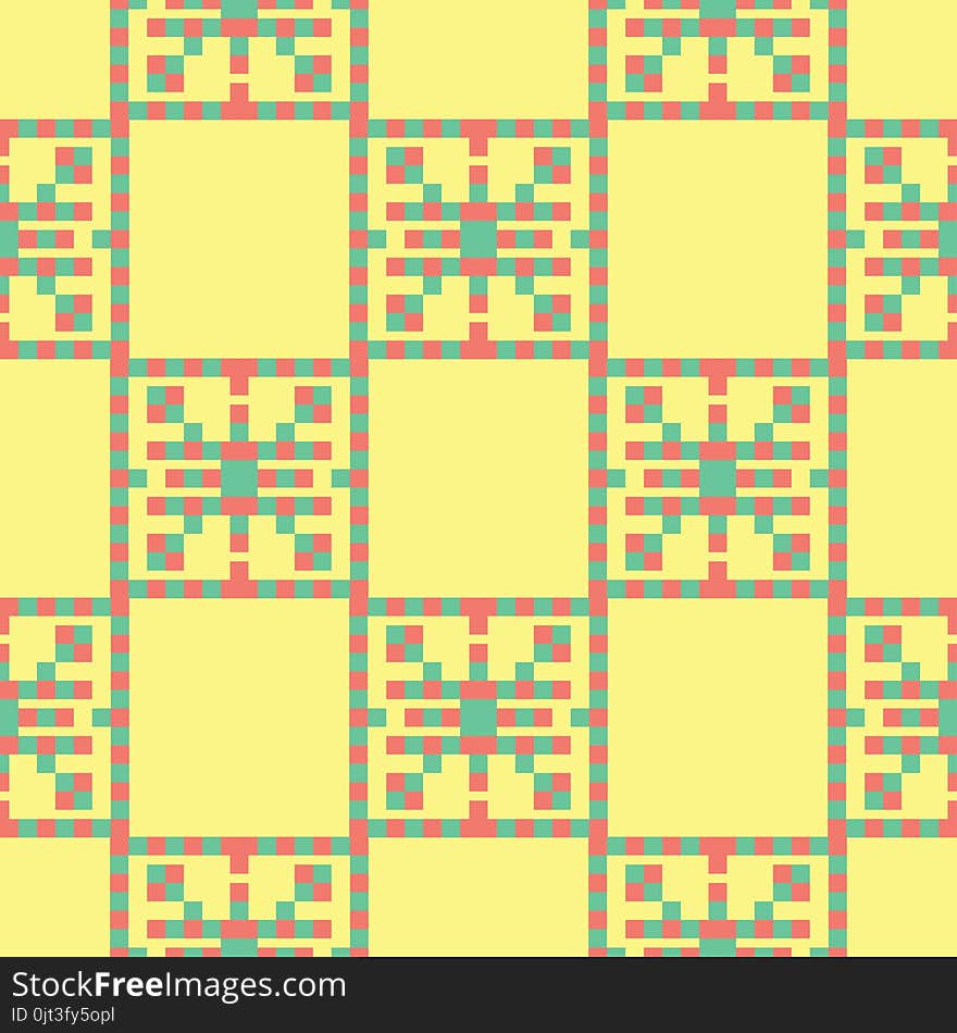 Seamless background with geometric shaped elements. Bright yellow background with pink and green design for wallpapers, textile and fabrics