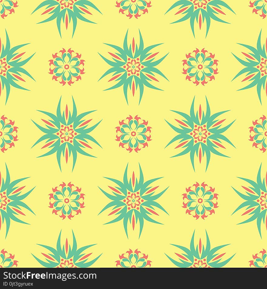 Floral seamless pattern. Bright colored background with pink and green flower elements