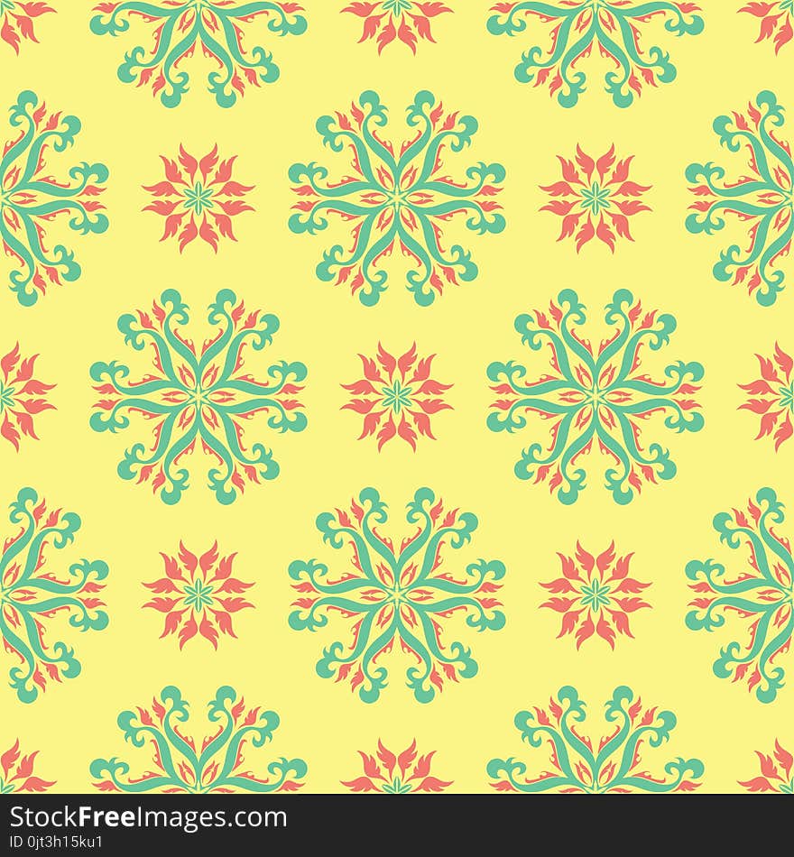 Yellow Floral Seamless Pattern. Colored Background With Pink And Green Flower Design