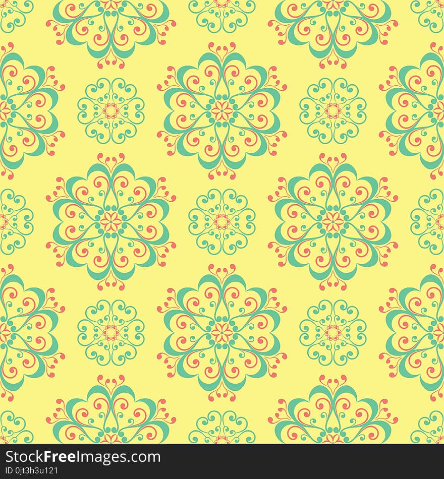 Seamless pattern with floral design. Bright yellow background with pink and green flower elements