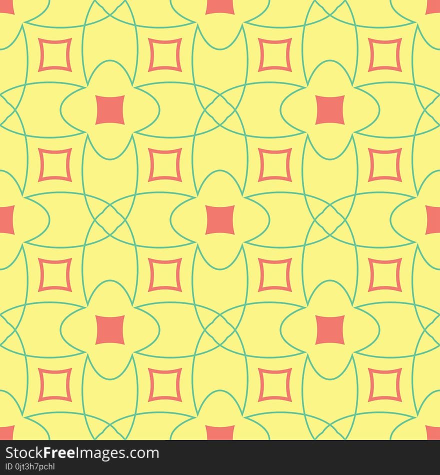 Geometric seamless pattern. Yellow background with pink and green design for wallpapers, textile and fabrics