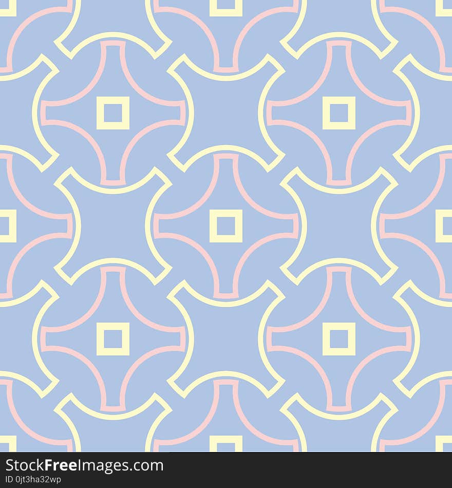 Geometric seamless pattern. Pale blue background with beige and pink elements for wallpapers, textile and fabrics