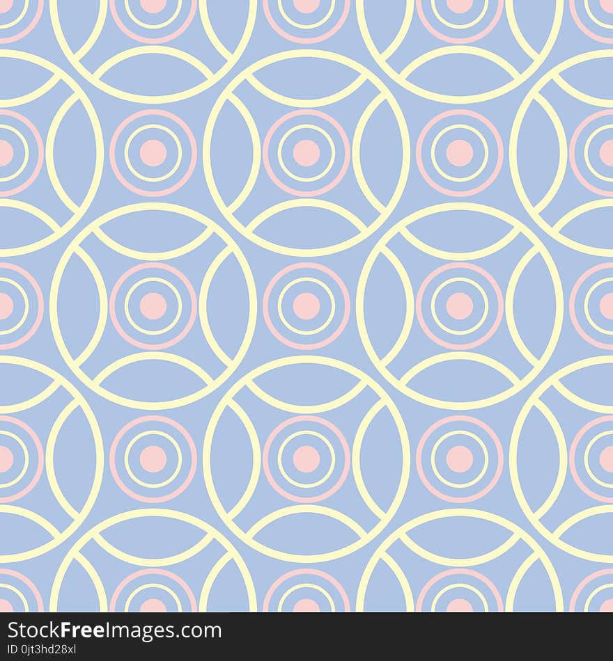 Geometric blue seamless pattern with beige and pink elements, for wallpapers, textile and fabrics