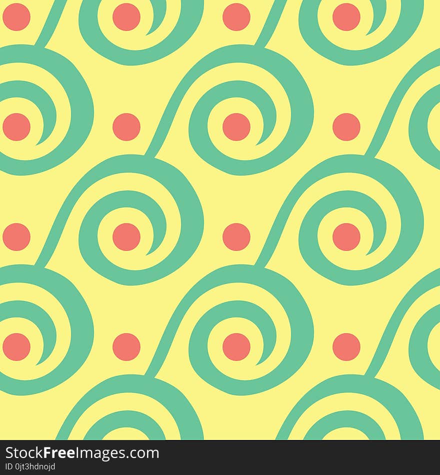 Seamless background with geometric shaped elements. Bright yellow background with pink and green design for wallpapers, textile and fabrics