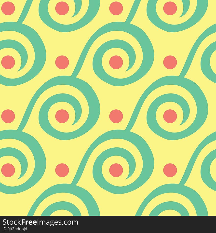 Seamless background with geometric shaped elements. Bright yellow background with pink and green design