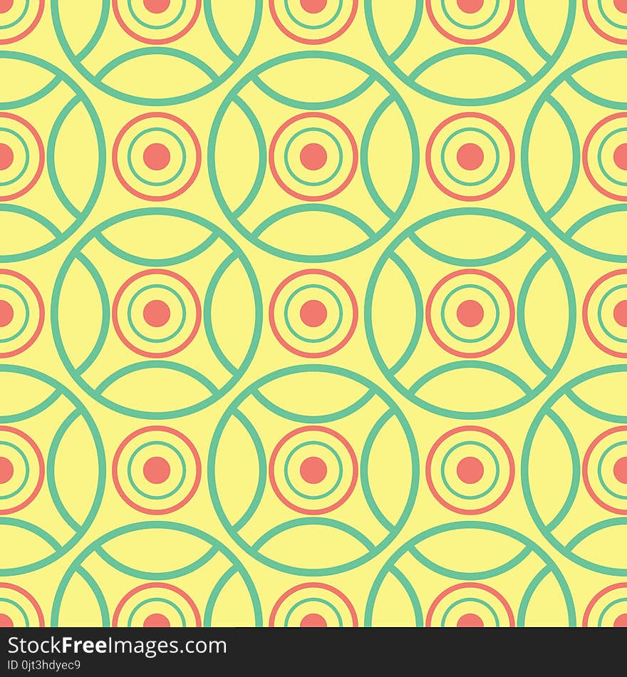 Seamless pattern with geometric green and pink elements. Yellow multi colored background for wallpapers, textile and fabrics