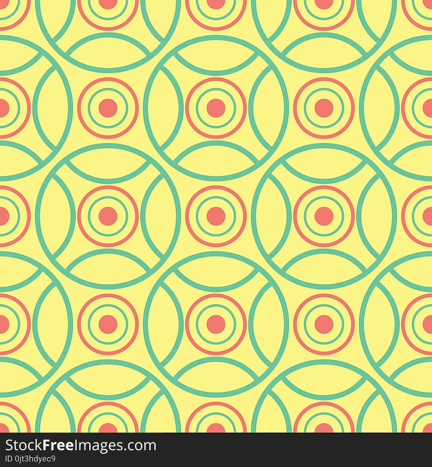 Seamless pattern with geometric green and pink elements. Yellow multi colored background