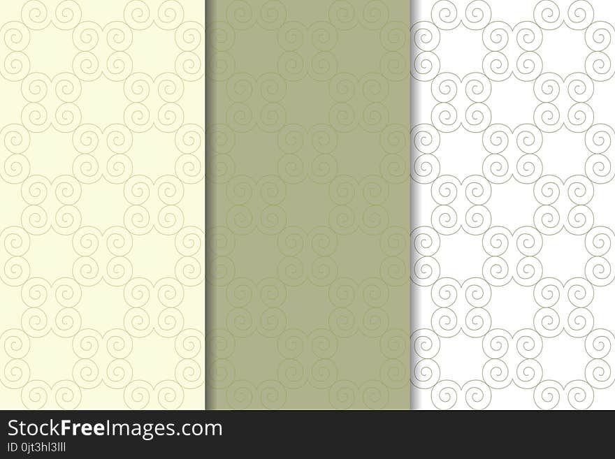 Olive Green And White Geometric Ornaments. Set Of Seamless Patterns