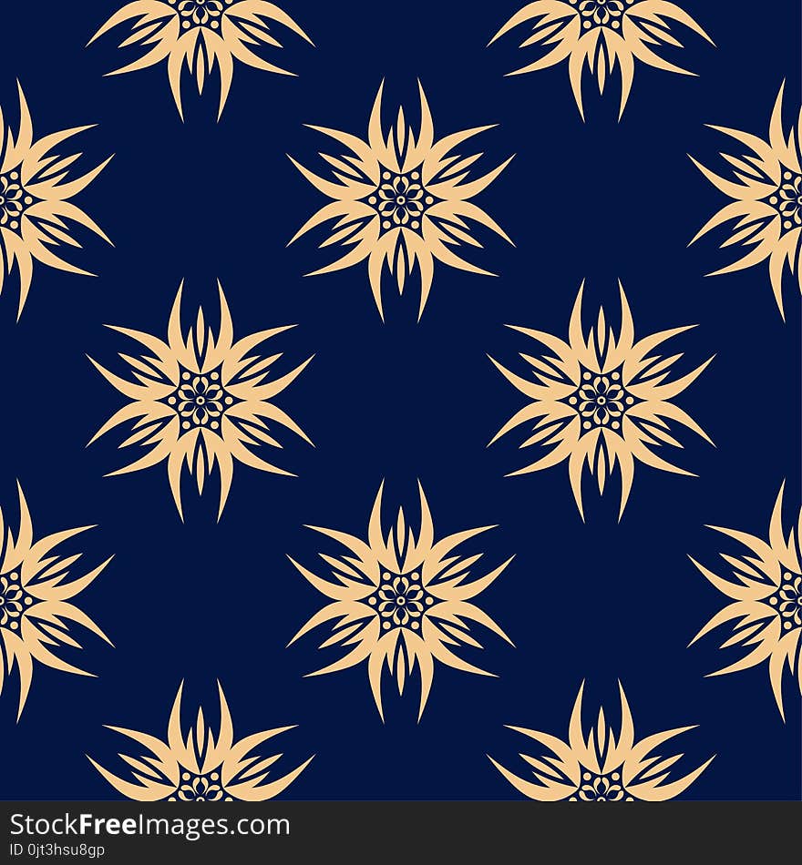 Golden Flowers On Blue Background. Ornamental Seamless Pattern