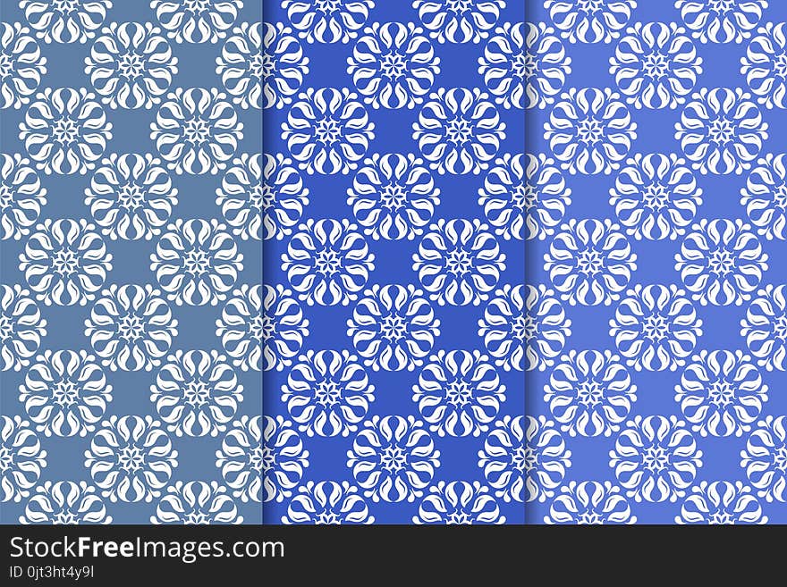 Set Of Floral Ornaments. Vertical Blue Seamless Patterns