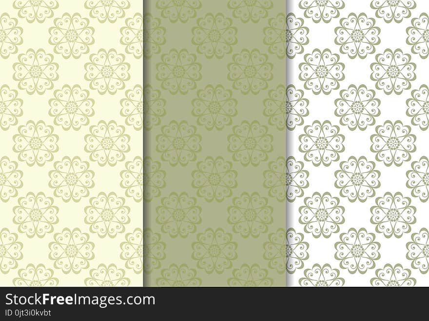 Olive green floral designs. Set of seamless patterns for textile and wallpapers