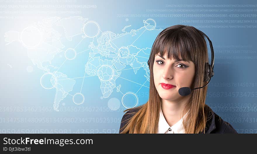 Young female telemarketer with blue background and world map and numbers behind her