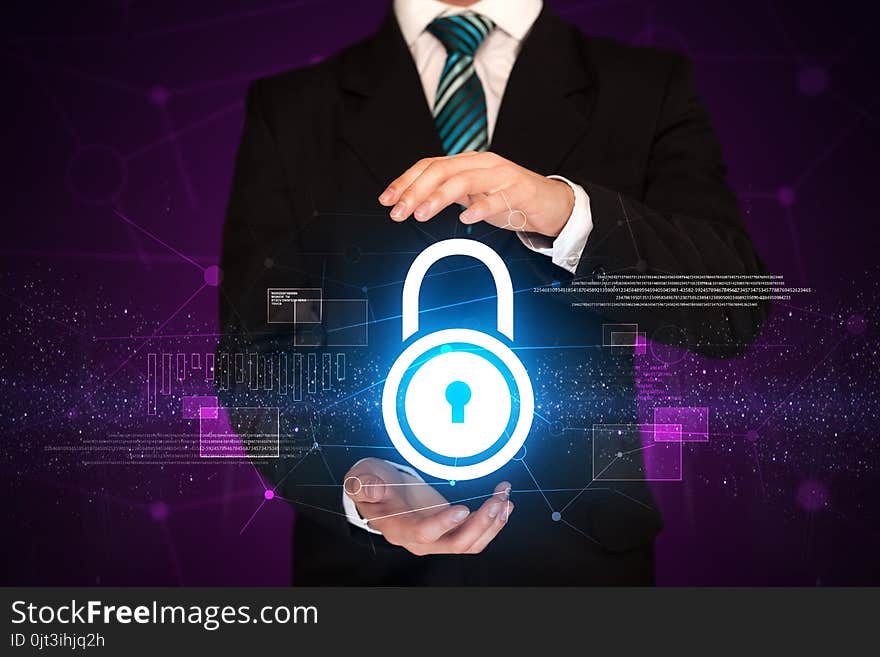 Businessman Holding Lock Graphic