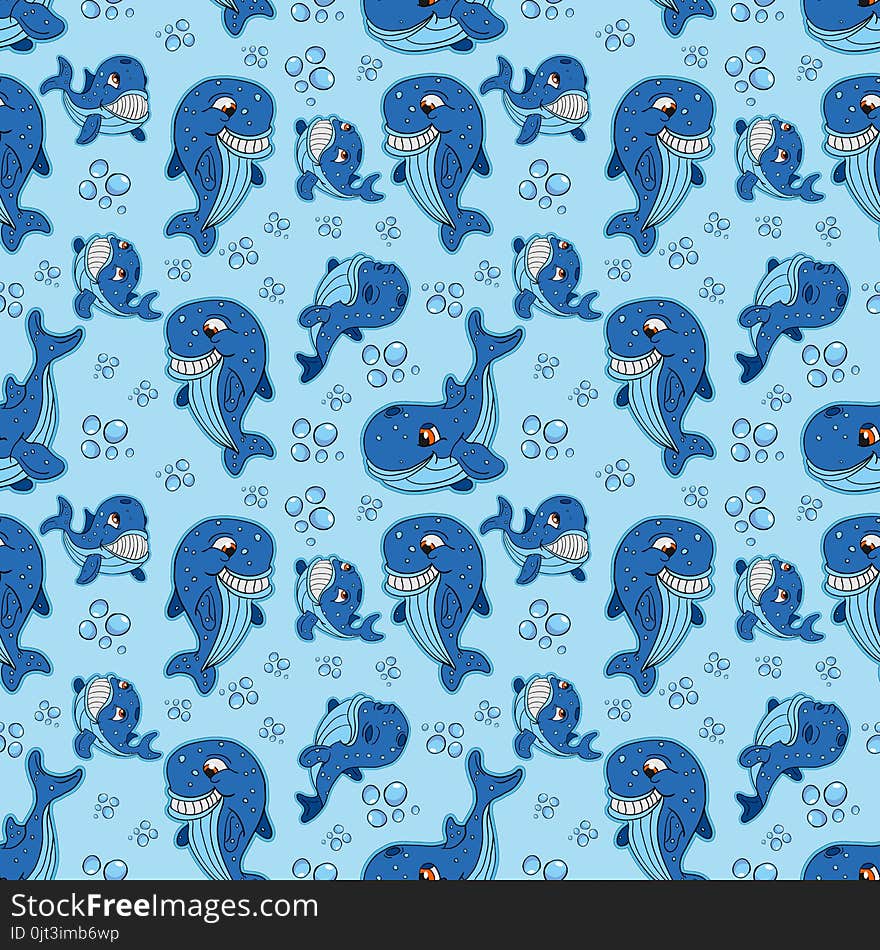 Seamless illustration of fish whale pattern blue background