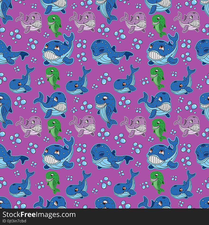 Seamless Illustration Of Fish Whale Pattern Purple Background