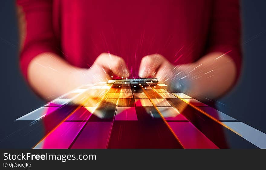 Woman holding smartphone with futuristic lines