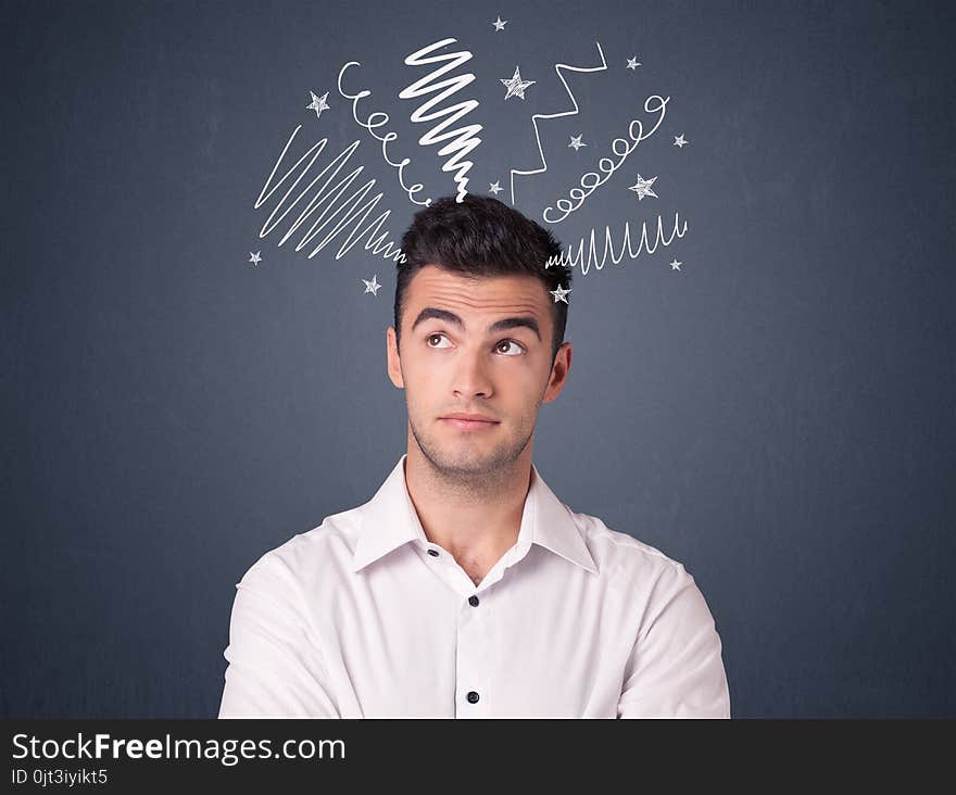 Young casual businessman with white scribbles around his head. Young casual businessman with white scribbles around his head