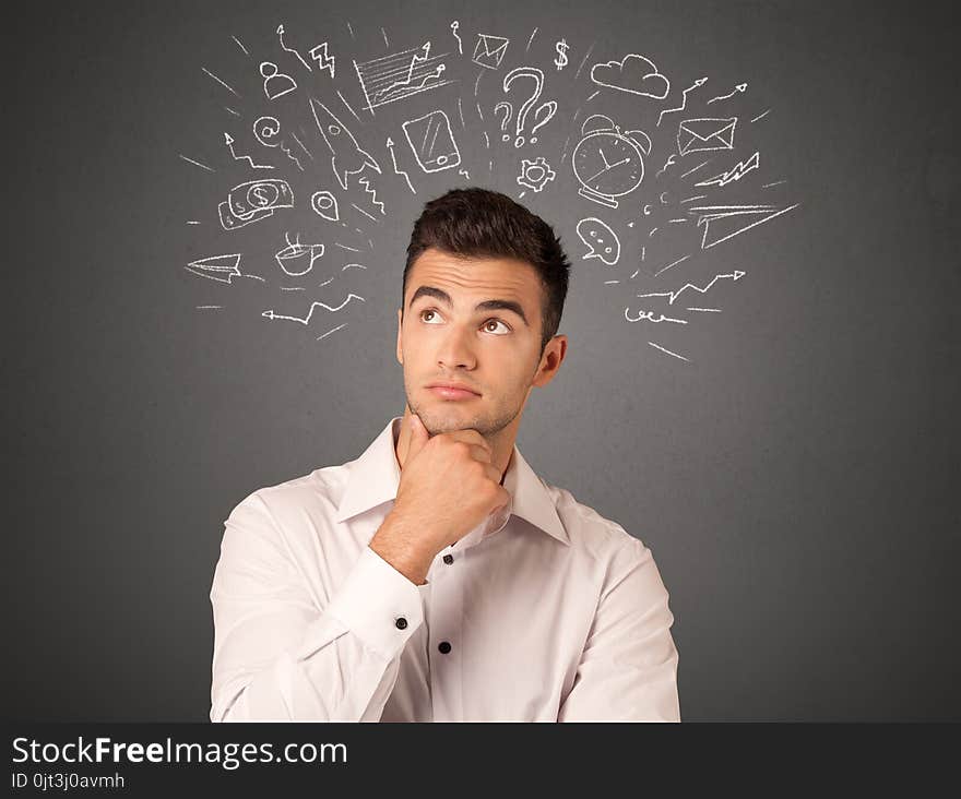 Young casual businessman with white social icons around his head. Young casual businessman with white social icons around his head