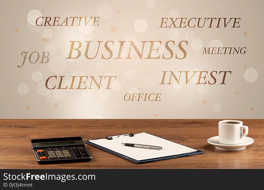 Business job office concept with close up wooden desk and materials, papers and electronic equipement. Business job office concept with close up wooden desk and materials, papers and electronic equipement