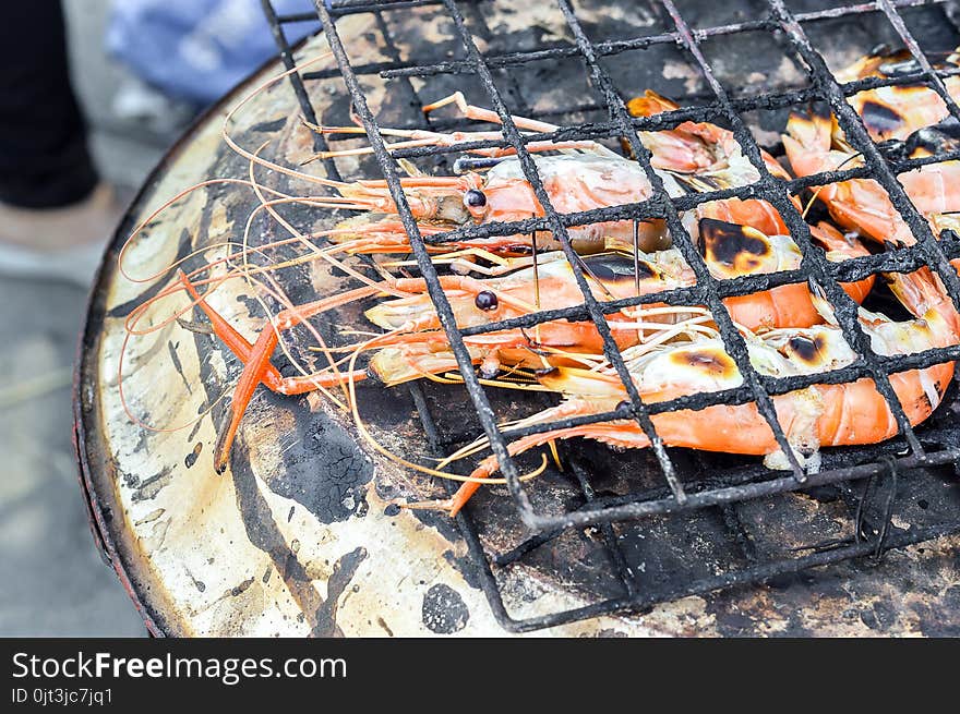 Close up shrimp on the grill