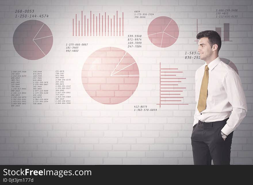 Young sales business male in elegant suit standing in front of brick wall background with lines and pie charts concept. Young sales business male in elegant suit standing in front of brick wall background with lines and pie charts concept