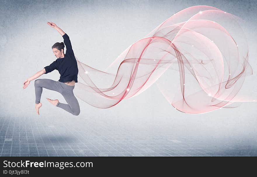 Dancing ballet performance artist with abstract swirl concept on background