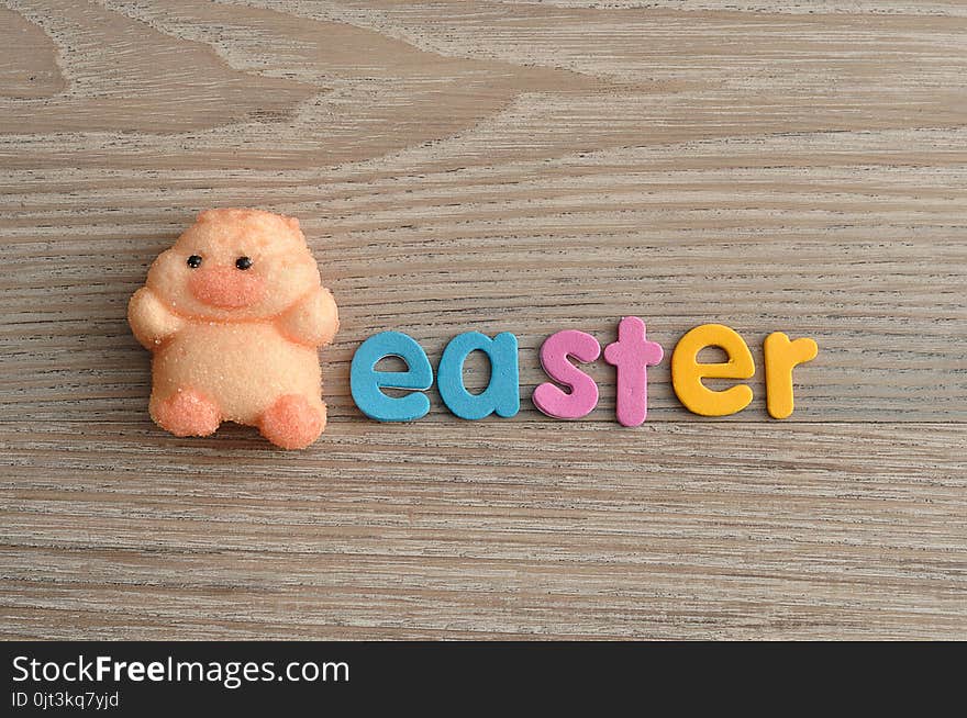 A chicken shape marshmallow with the word easter isolated on a wooden background