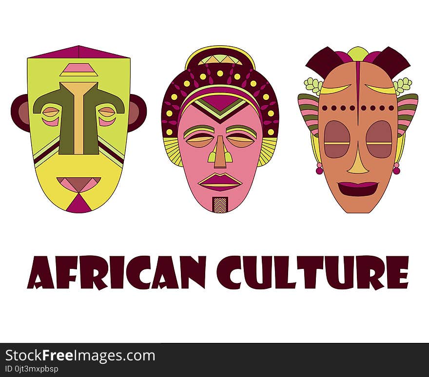 Set of three traditional African masks on a white background.