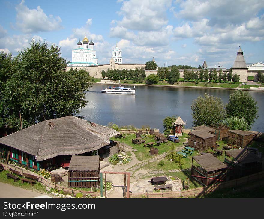 The SlovenianView of the Pskov Kremlin and Trinity Cathedral. springs near Izborsk fortress