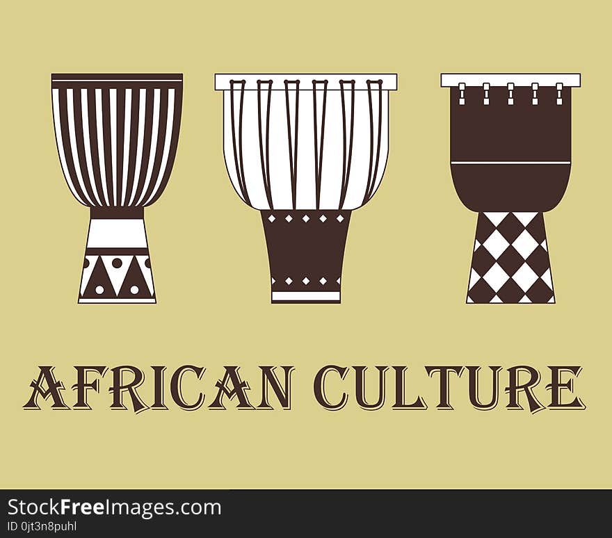 Set of three traditional African drums on a beige background.