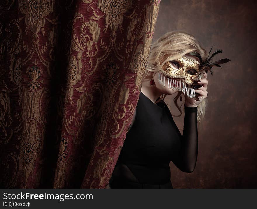 Portrait of beautiful young woman with carnival mask. Gorgeous hair and natural makeup. Fashion beauty photo. Natural blonde in black dress. Portrait of beautiful young woman with carnival mask. Gorgeous hair and natural makeup. Fashion beauty photo. Natural blonde in black dress.