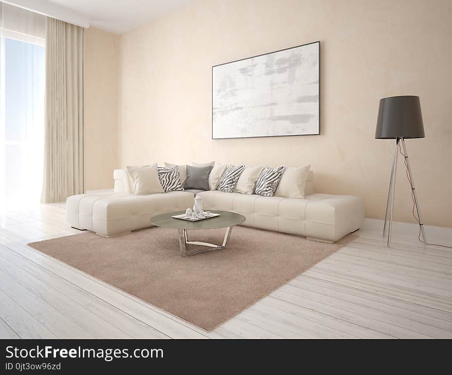 Mock up an exclusive living room with a corner beige sofa.