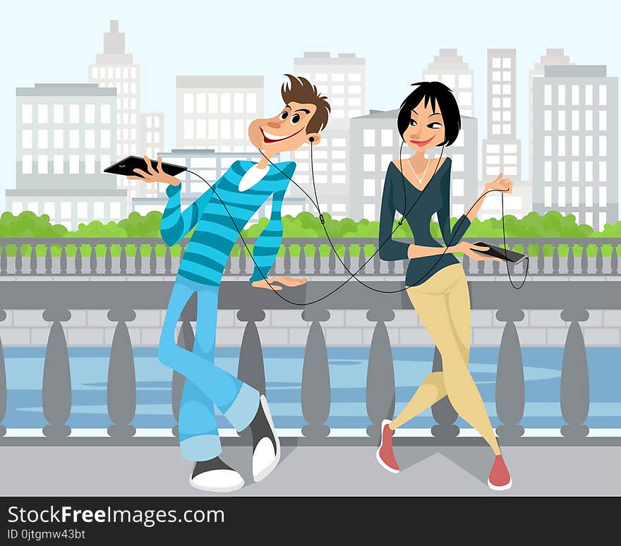 Vector illustration of young couple in headphones