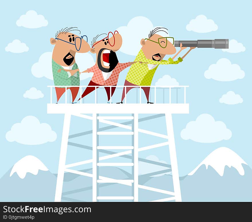 Vector illustration of three men on a watchtower